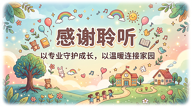 结束页，标题“感谢聆听”，副标题“以专业守护成长，以温暖连接家园”，背景是柔和多彩的幼儿园风格，有可爱的小元素装饰，温馨大气
