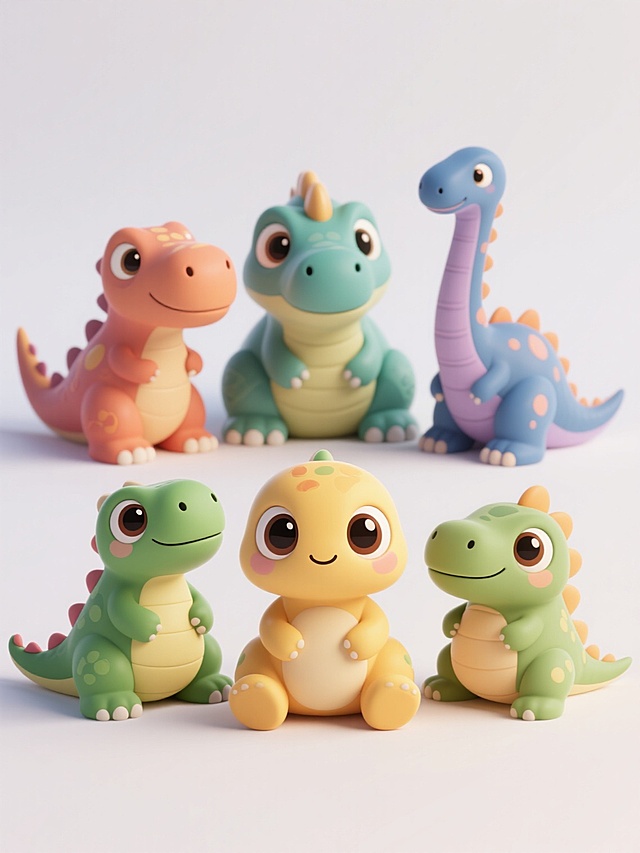3D render, Q version dinosaurs, six different dinosaurs with distinct appearances, varied poses, and different species, each with large, round, shiny eyes, soft and smooth skin texture, chubby body proportions, bright and vibrant color schemes, sitting in neat arrangement, white background, soft shadows, high detail, cute and playful style, 3D modeling, Pixar-like rendering, octane render, cinematic lighting, front-facing composition.