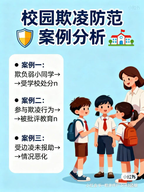小红书3:4竖版宣传图，校园欺凌防范案例分析主题，浅蓝色背景。顶部标题"校园欺凌防范案例分析"配盾牌与校园图标。左侧文字框内容："• 案例一：欺负弱小同学→受学校处分\n• 案例二：参与欺凌行为→被批预览效果