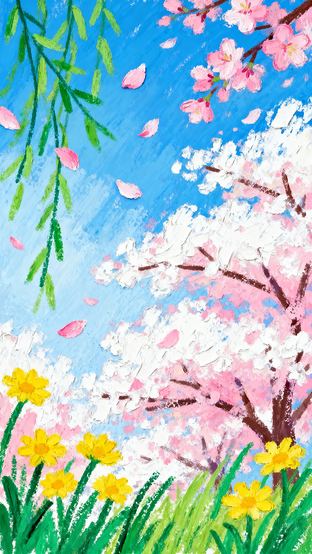 蜡笔手绘涂鸦风春日海报，整体充满童趣与治愈感，采用粗蜡笔手绘质感，笔触厚重，色彩饱和度高，线条稚拙可爱，带有明显的蜡笔肌理与颗粒感，色彩晕染自然,背景为蓝色渐变天空，点缀粉樱花花瓣与绿柳叶线条，后方是粉白相间的樱花树，花瓣飘落；前景画面点缀黄色小雏菊与翠绿小草丛，整体色彩以粉，绿，蓝，白为主，蜡笔涂鸦质感，春日户外清新氛围