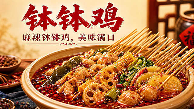 美食宣传图，上方保留两行文字：第一行“钵钵鸡”，第二行“麻辣钵钵鸡，美味满口”，画面展示一盆冷锅钵钵鸡，串串浸泡红油汤汁，诱人食欲，尺寸1280*720