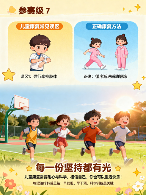参赛级儿童物理治疗科普故事图文第7-9页，和前6页画风统一精致温馨，第7页：科普板块，对比讲解儿童康复的常见误区，用小宇的故事做正误示例，清晰易懂；第8页：小宇完全康复，回到运动场和小伙伴们开心奔跑，预览效果