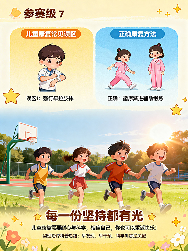 参赛级儿童物理治疗科普故事图文第7-9页，和前6页画风统一精致温馨，第7页：科普板块，对比讲解儿童康复的常见误区，用小宇的故事做正误示例，清晰易懂；第8页：小宇完全康复，回到运动场和小伙伴们开心奔跑，呼应开头的故事线；第9页：结尾页，写有温暖的康复鼓励话语和科普总结，整体故事完整有温度，画面精美符合参赛标准