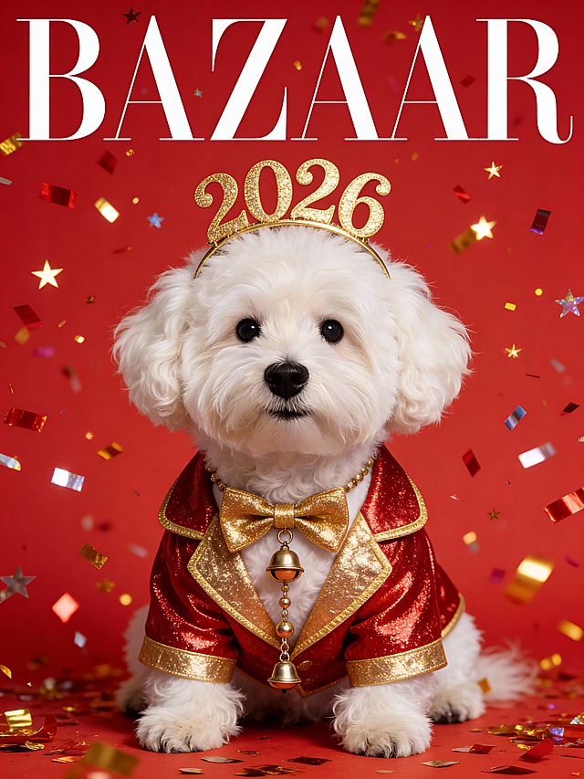 主体是图中宠物，居中构图聚焦宠物主体，换上红金闪丝跨年外套，搭配金色镶边领结，头戴带 “2026” 字样的金色新年发箍，颈间挂着小铃铛串；背景为正红色，加入彩色纸屑如星雨般从画面四周散落，交织着金红相间的闪光碎片，上方刊头设为 “BAZAAR”。