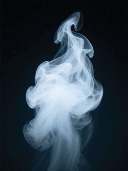 一张深色背景的图片，画面中央有一团白色的雾气，雾气呈现出向上飘散的形态，形态扭曲，边缘模糊，具有透明感和流动感。预览效果
