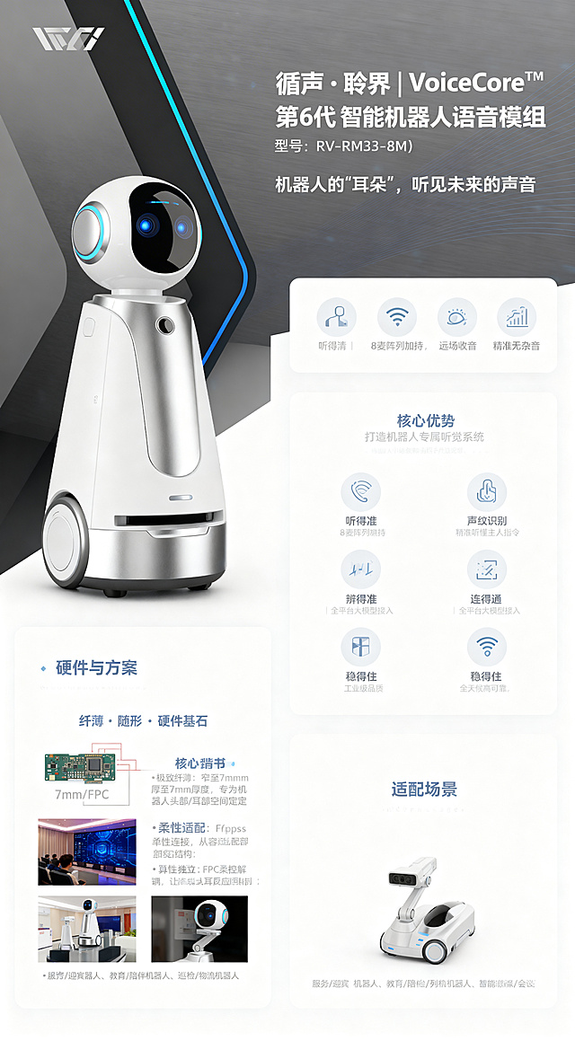 基于现有海报修改，沿用浅色系卡片式布局风格，保持整体干净高级的科技感，强化"模组即机器人耳朵"的设计理念。修改详情：1. 顶部封面区保留产品图，突出主标题"循声·聆界 | VoiceCore™"，植入文字：主标题"循声·聆界 | VoiceCore™"，副标题"第6代 智能机器人语音模组（型号：RV‑RM33‑8M）"，重点强调核心标语"机器人的'耳朵'，听见未来的声音"体现模组功能。2. 左侧"硬件与方案"区保留7mm/FPC示意图，植入文字：模块标题"纤薄·随形 · 硬件基石"，核心背书：极致纤薄：窄至7mm厚度，专为机器人头部/耳部空间定制；柔性适配：FPC柔性连接，从容适配机器人耳部复杂结构；算力独立：专属主控解耦，让机器人耳朵反应更快、更省电，设计理念体现机器人耳朵的硬件基因。3. 右侧"核心优势"区保留四大图标，对应机器人耳朵的四大能力，图标旁对应植入文字：图标1（声波/拾音）：听得清 | 8麦阵列加持，远场收音精准无杂音；图标2（识别/声纹）：辨得准 | 声纹识别，精准听懂主人指令；图标3（连接/大脑）：连得通 | 全平台大模型接入，万物互联；图标4（耐用/工业）：稳得住 | 工业级品质，全天候高可靠；在核心优势区最上方加一行极小引语"打造机器人专属听觉系统"强化业务定位。4. 底部"适配场景"区保留机器人实拍图，图片下方对应标注文字：服务/迎宾机器人、教育/陪伴机器人、巡检/物流机器人、智能摄像头/会议设备。设计要求：图文融合，让文字自然依附在现有色块和图标上，不破坏原有美感；所有字体选用现代无衬线体，字重轻盈，整体留白充足；保持浅色系卡片式干净高级的科技感风格