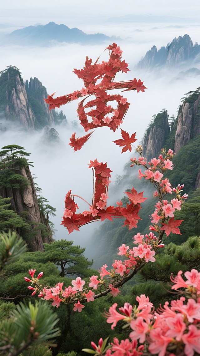 盛开的杜鹃花+红枫叶+翠绿松树组成了”黄山“；背景是黄山鸟瞰图