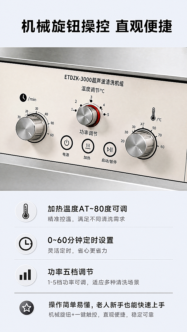 「图片1」，生成一套详情页，商品名称为玫瑰花茶，适配淘宝/天猫平台，单图比例为9:16，需求屏数为8张。
一、产品系列与功能说明
MH工业机系列 —— 机械旋钮定时加热功率可调型
• 操作方式：面板配备三个机械旋钮及三个触控按键。
右旅钮可设置加热温度AT~80度，左旋钮可0~60分钟定时，中旋钮功率五档可调。
• 核心配置：超声波清洗 + 定时控制+温度设置
• 产品优势：MH工业机系列里的定时加热凭借AT~80℃全域可调加热功能，
弥补了普通定时款仅能常温清洗的短板，针对性解决顽固油污清洗难题；
搭配42L~160L全容量机型布局，兼顾商用、工业多场景，
是适配性极强的多功能超声波清洗机型。
二、核心特点                                         
1. 优质不锈钢内胆
全系列采用加厚304不锈钢内胆，不易漏水、易清洁。
2. 全不锈钢外壳
机身坚固耐用，抗磕碰、不易生锈，长久使用不变形。
3. 大功率工业震头 · 频率 单频40KHz或28KHz可选（其他频率提供定制化服务）
空化效应强，深度清洁缝隙、死角油污、杂质、蜡垢。
4.额定电压：220V~50Hz / 110V~60Hz

三、 工作原理与优势
1、工作原理
超声波清洗作业需将待清洗工件完全浸入液体介质中，常规使用清水搭配水基表面活性剂溶液进行清洗。
设备依托超声波空化效应实现高效去污：大功率超声波换能器在液体内部持续产生交变压力场，根据设备发生器设定频率不断改变液体密度，促使液体中持续生成大量微小空化气泡。气泡在高频振动下快速生成、膨胀并瞬间破裂，产生极强的微爆破冲击力，精准剥离工件表面、缝隙、微孔内的油污、粉尘、氧化层及各类顽固污垢。
空化效应可最大化激活清洗剂活性，使整体清洗效率较传统人工清洗提升数十倍至数百倍，实现全方位无死角洁净清洗。
2、频率特性说明
超声波频率高低直接影响清洗力度与清洗精度：
频率越低，产生的空化气泡体积越大，爆破冲击力越强，针对厚重油污、顽固污渍的清洁能力更出色；
频率越高，空化气泡更细腻柔和，清洗精度更高，可适配0.5毫米以下精密细小工件、缝隙配件的精细清洗，避免工件磕碰损伤。
本设备可根据清洗物件材质、污垢程度，定制匹配对应超声频率，兼顾清洗力度与精密清洗效果。
3、产品核心优势
（1）无死角清洗：超声波可渗透工件缝隙、微孔、凹凸死角，解决人工擦拭无法清洁的盲区问题。
（2）清洁效率高：依托空化物理去污原理，去污速度快、效果均匀，大幅节省人工与时间成本。
（3）不伤工件表面：物理振动清洗方式，无机械打磨损伤，可适配五金、精密配件、光学器件等多种物件。
（4）适配范围广：可搭配常规清水、中性水基清洗剂使用，环保安全、操作简单、适用性强。