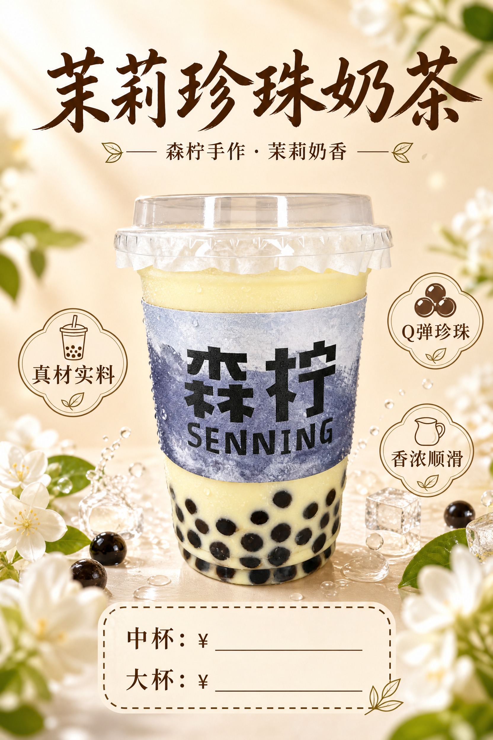 制作一张A4竖版（2:3比例）的茉莉珍珠奶茶产品海报，整体风格… - 图片创意预览