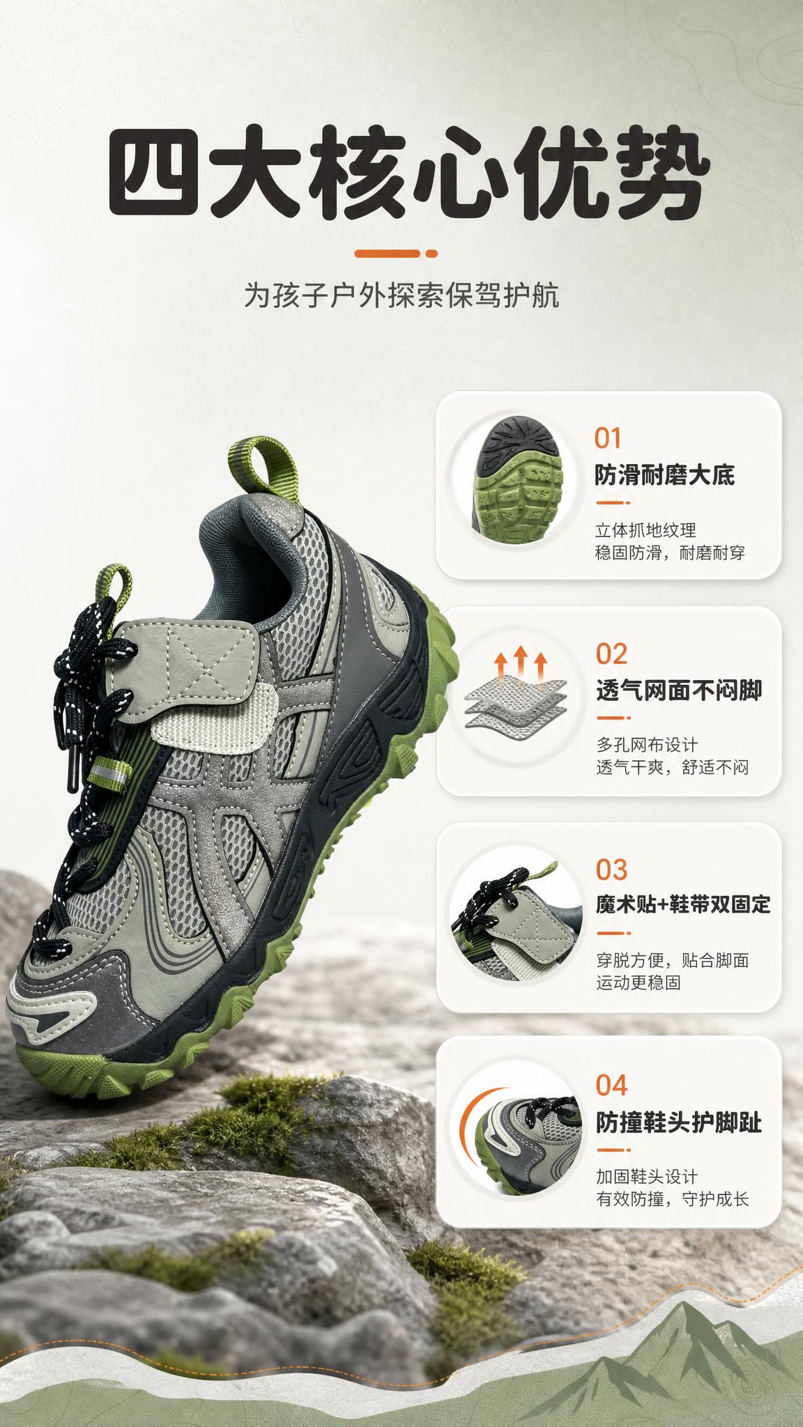 [商品] 使用【图4】灰绿款儿童运动鞋侧面全貌；保留鞋型、网面… - 图片创意预览