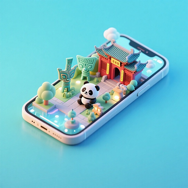 软3D风微缩艺术场景，熊猫与古风建筑萌趣互动，清新梦幻色彩搭配，营造可爱卡通氛围。