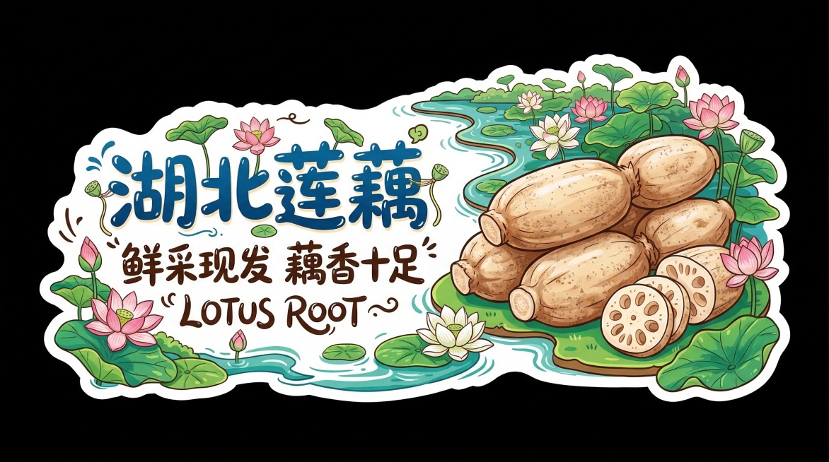 广宣物料横向异形牌，整体造型为湖泊、荷叶与荷花，画面右侧叠放着一条饱满完整的莲藕和一小段切开的莲藕，莲藕表面纹理细腻清晰，左侧是拙趣手写风格文字：第一行“湖北莲藕”，第二行“鲜采现发 藕香十足”，装饰预览效果