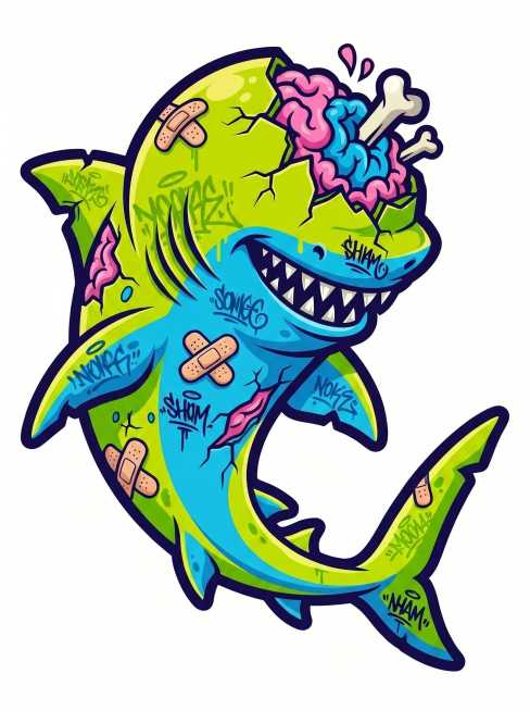 参考这张丧尸章鱼的绘画风格，涂鸦嘻哈潮流矢量插画，配色采用亮绿色和蓝色为主，带有粉色撞色，头部破损露出彩色大脑和骨头，带有创可贴和街头涂鸦文字，绘制一只丧尸鲨鱼，不要触手，保持鲨鱼原始外形，美式潮流插预览效果