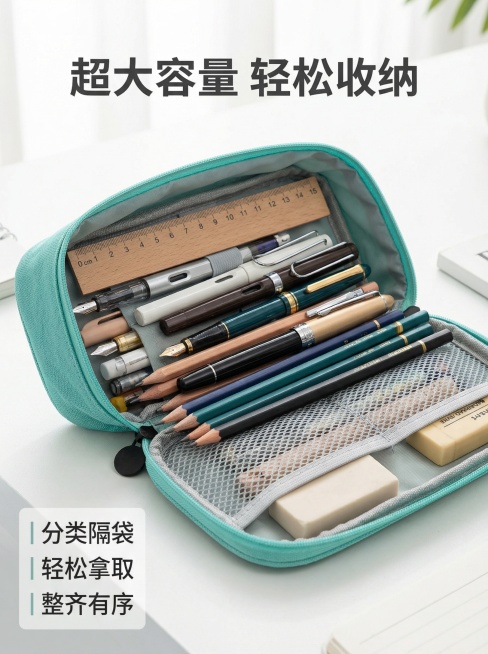 [主图 2] 帆布笔袋大容量核心卖点展示
[氛围/风格] 简洁实用学生文具风格，明亮柔和自然光
[画面元素] 笔袋打开状态，内部装入多种办公用品（钢笔、铅笔、尺子、橡皮），保持笔袋原有形状大小不变，展预览效果