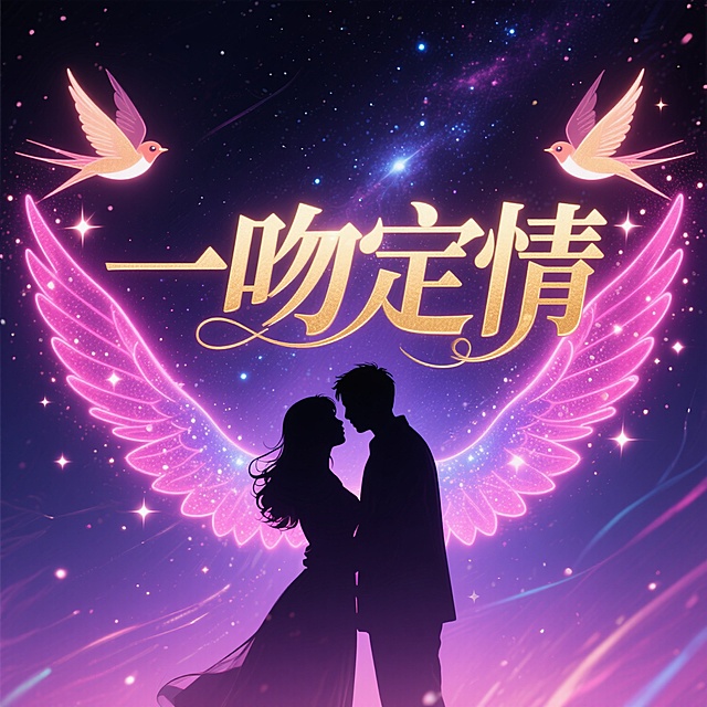 横向排列的金色文字“一吻定情”，文字融合霓虹粉与星空紫渐变效果，荧光喜鹊翅膀从文字两侧展开，洒落闪烁星尘，文字笔画中嵌入流动的微型银河，背景是一对相拥的情侣剪影，整体画面梦幻浪漫，充满星空氛围