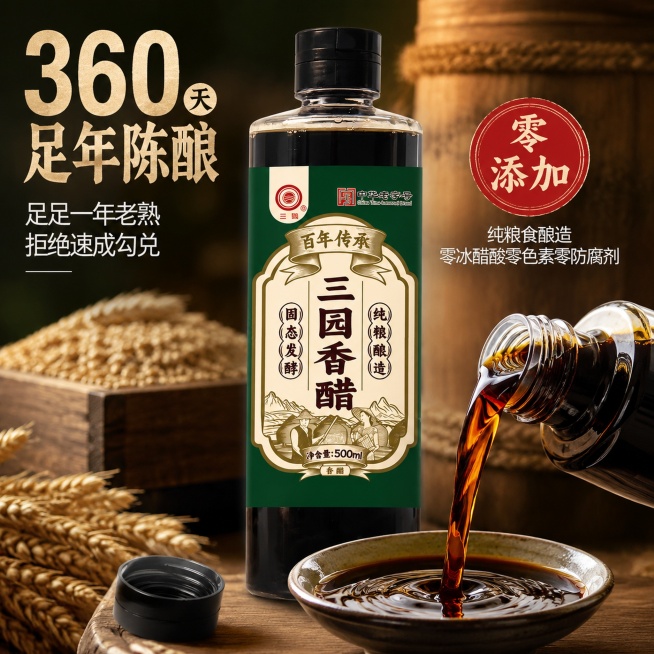 [主图-3] 三园香醋陈酿卖点细节主图
[氛围风格] 时间沉淀品质感 突出古法慢酿的产品特色
[画质] 商业摄影质感 光线柔和通透 产品清晰真实 画面干净高级
[元素] 画面中心放置三园香醋瓶 保持产预览效果