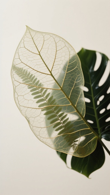 超写实风格的植物叶脉特写摄影，画面主体为半透明的叶片脉络结构，纹理清晰可见，呈现出精致的网状叶脉细节，柔和的侧光从左上方照射，在叶片边缘形成淡淡的高光，背景为纯净的米白色，整体营造出宁静、自然、通透的氛围，叶片整体配色改为深浅不一的墨绿色与橄榄绿交织，叶脉边缘带有细微的金色勾勒，叶片纹理中融入蕨类植物的羽状纹理和龟背竹叶的穿孔状肌理，两种植物纹理自然融合，保持原有的半透明质感和细腻的光影过渡，……预览效果