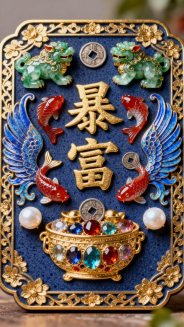 深蓝色磨砂底板上，采用鎏金珐琅彩风格，中央是金色浮雕的“暴富”大字，周围环绕着翡翠绿貔貅、红玛瑙锦鲤和珍珠白的铜钱等奢华元素，两侧对称分布宝蓝色凤羽纹，底部有嵌着各色宝石的聚宝盆，边缘装饰繁复的金色缠预览效果