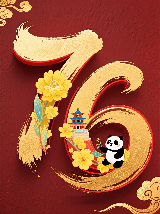 金色手绘立体数字 “76”，笔触自然流畅带有毛笔晕染质感，数字边缘有细微红色描边，内部填充黄色手绘花朵和手绘天坛、熊猫。背景采用深红色磨砂质感，左上角和右下角点缀少量金色祥云图案。