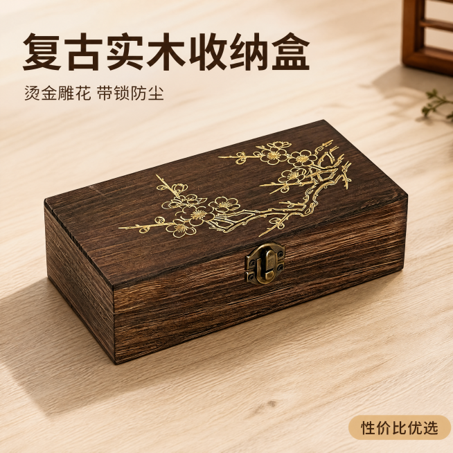 [主图-1] 复古碳化木收纳盒首图
[氛围风格] 中式复古家居氛围，整洁高级
[画质] 商业摄影质感，光线柔和通透，产品清晰真实，画面干净高级
[元素] 复古碳化木收纳盒居中摆放，盒面烫金梅花雕花清晰预览效果