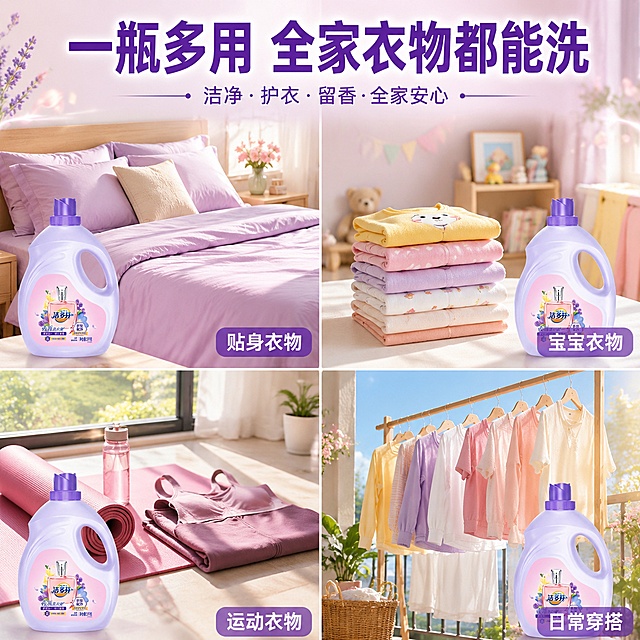 洁多芬香氛洗衣液适用场景多效展示图，场景宫格形式，家庭友好温馨感。商业摄影质感，光线明亮柔和，产品清晰真实。画面分为四个宫格区域，每个宫格展示一个不同的使用场景：左上宫格展示卧室场景，床上铺着洗干净的香氛床单被套，旁边放着洗衣液小瓶，表现贴身衣物适用；右上宫格展示儿童房场景，小孩的彩色衣物叠放整齐，旁边有洗衣液，表现宝宝衣物也能用温和不伤肤；左下宫格展示运动场景，运动服瑜伽垫旁放着洗衣液，表现去汗味留香；右下宫格展示阳台晾晒场景，晾衣架上挂满彩色衣物阳光明媚，表现晾晒后依然留香。每个宫格角落都有一小瓶洁多芬洗衣液产品，保持产品外观与输入图一致无变形色差。画面中央上方有主标题区域，整体风格统一温馨明亮。每个宫格都有柔和自然光，整体色调温暖统一，淡紫粉色调贯穿。主色淡紫柔粉暖白，辅色草绿鹅黄，温馨家庭感。宫格布局四等分，每个宫格独立场景又整体统一，中央上方标题区。顶部大标题一瓶多用 全家衣物都能洗紫色粗体大号字，每个宫格右下角有小标签文字如贴身衣物宝宝衣物运动衣物日常穿搭白色字带半透明紫底。文字清晰不遮挡主要场景。1比1比例，超高清商业摄影质感。