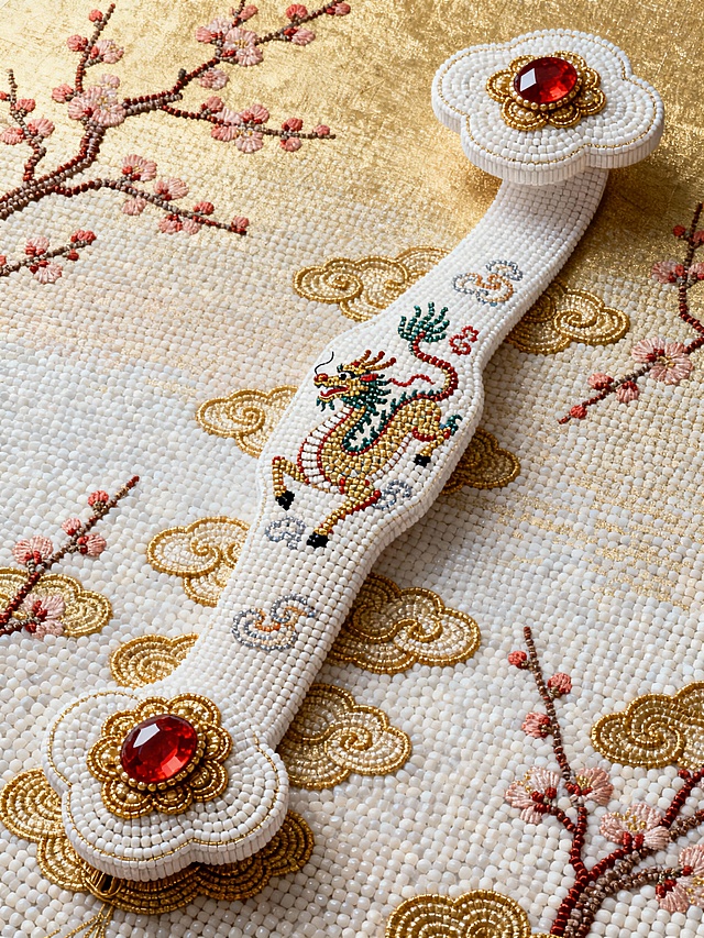 主体是一只巨大的、造型饱满的白如意。如意表面雕刻着超级精致的龙马负图 纹样，龙马姿态矫健、云纹飘逸。如意两端镶嵌着红色宝石，宝石周围环绕金色祥云。背景为浅金色与白色渐变，点缀淡红色梅花枝影，整体清雅、祥瑞、带神圣感。