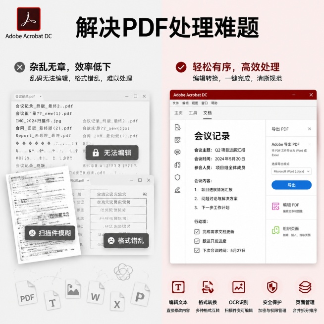 [主图-2] PDF处理常见痛点场景对比图。
[氛围风格] 直观对比，专业清晰；
[画质] 商业设计质感，文字清晰，对比分明，画面干净高级。
[元素] 画面左右分栏对比，左侧展示杂乱PDF文档无法编辑预览效果