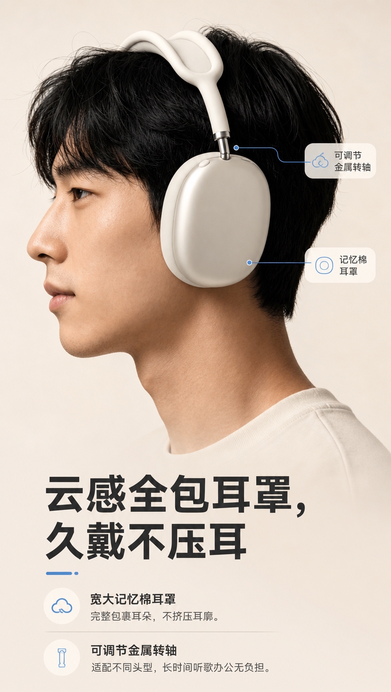 [商品] 使用【图2】亚洲男性佩戴米白色头戴耳机侧面图；保留耳… - 图片创意预览