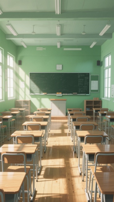 明亮的教室内部，绿色墙壁，木质课桌椅整齐排列，前方有黑色黑板，多扇窗户透进阳光形成光束，木地板反射光影，温暖怀旧的氛围，低饱和度色调，柔和光线，细腻纹理，动漫风格插画，无文字信息预览效果