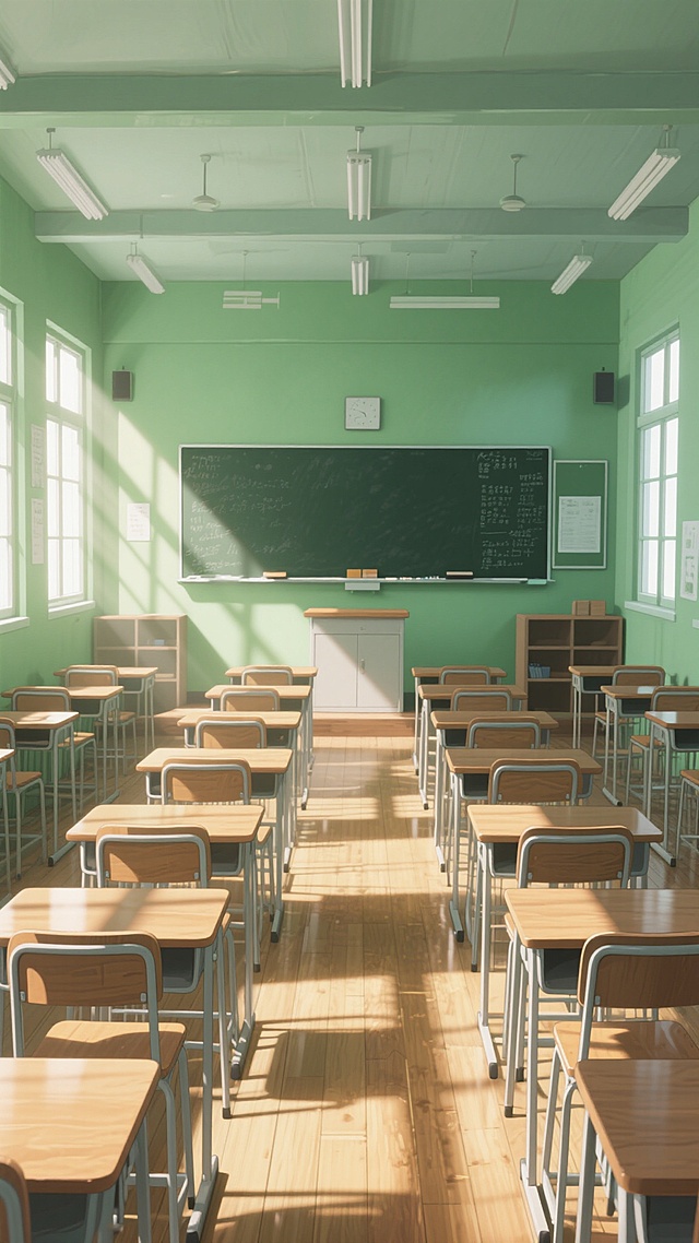 明亮的教室内部，绿色墙壁，木质课桌椅整齐排列，前方有黑色黑板，多扇窗户透进阳光形成光束，木地板反射光影，温暖怀旧的氛围，低饱和度色调，柔和光线，细腻纹理，动漫风格插画，无文字信息