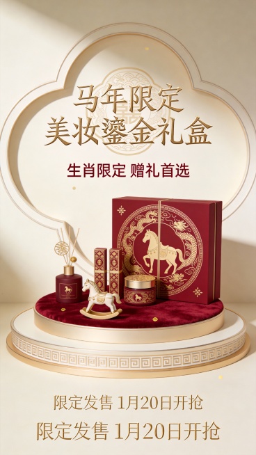 这张马年限定美妆鎏金礼盒运营海报采用新中式马纹鎏金 + 限定礼盒专属风，是传统生肖质感与美妆限定氛围的融合设计。
主体围绕马年限定美妆礼盒展开：中心展台上陈列着印传统马纹的鎏金美妆礼盒，搭配小马形香薰预览效果