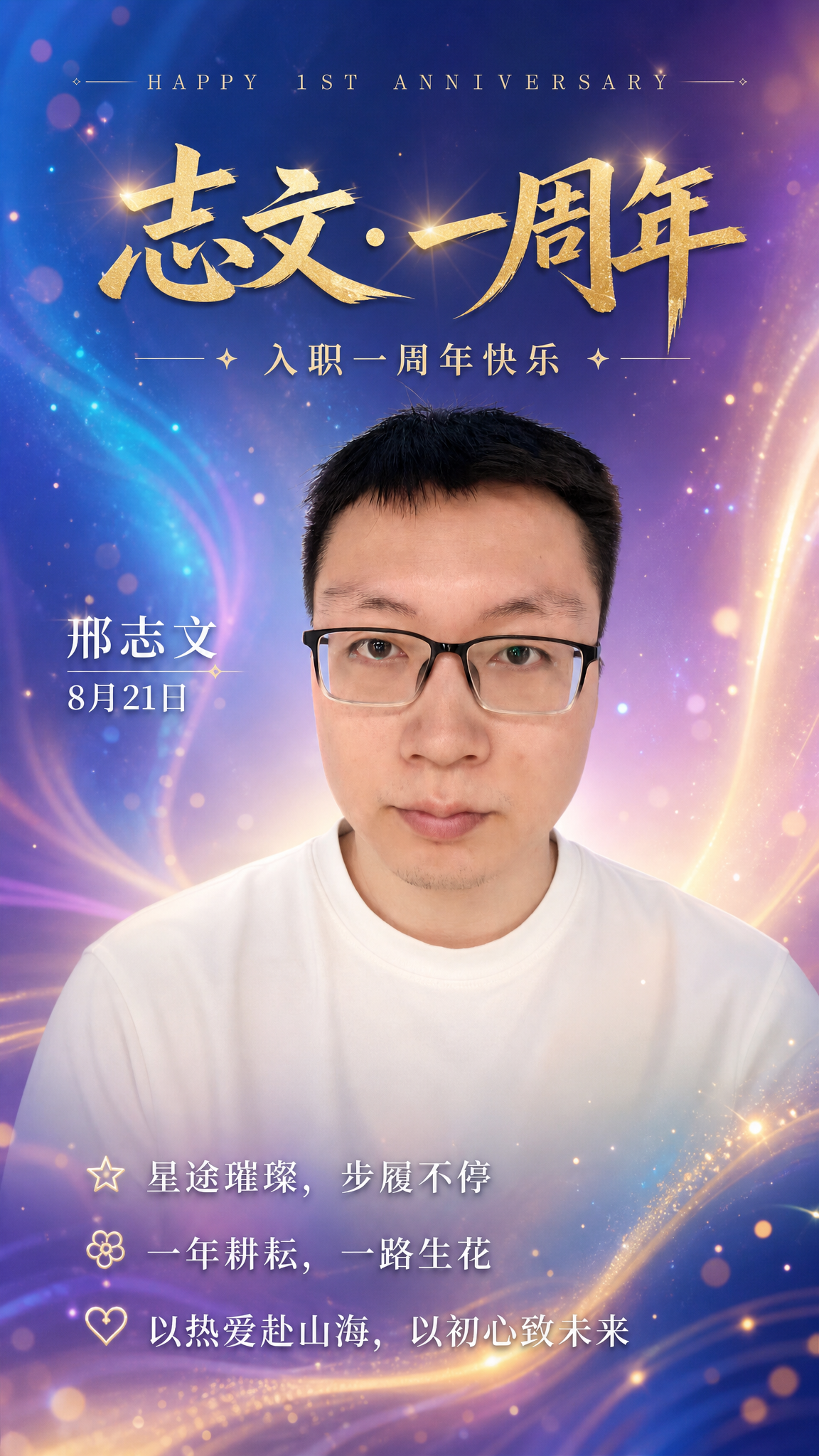 基于这张人物照片制作一张入职一周年纪念海报，图生图模式。人物面… - 图片创意预览