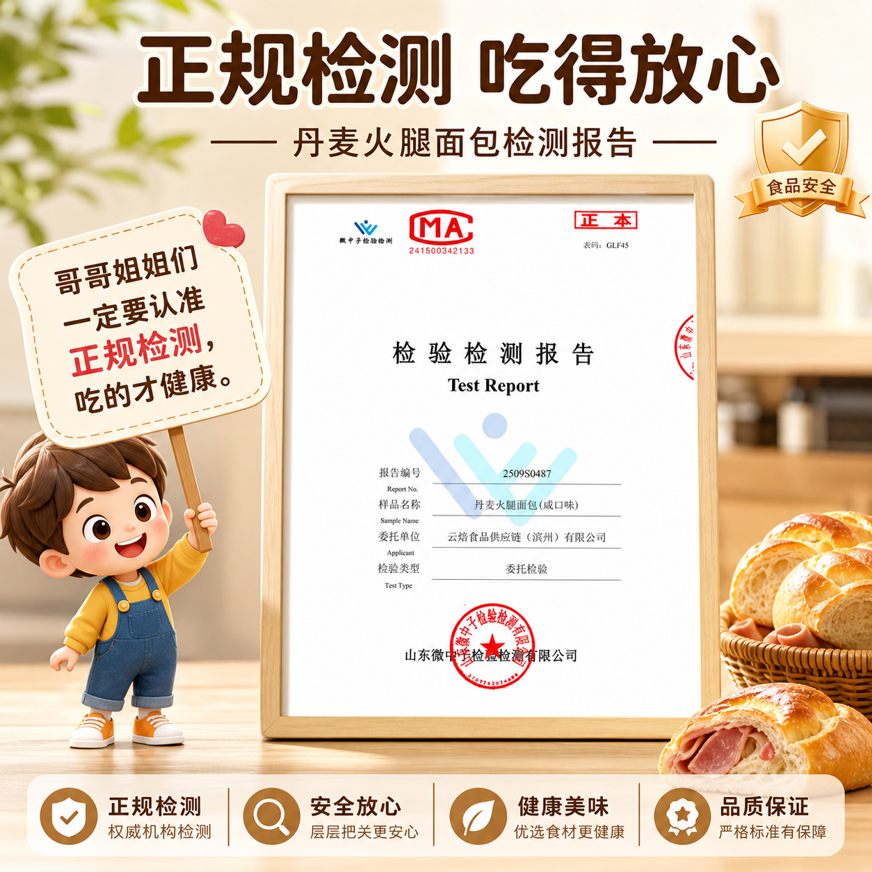 电商主图设计，画面中央放置清晰的检验检测报告（丹麦火腿面包检测… - 图片创意预览