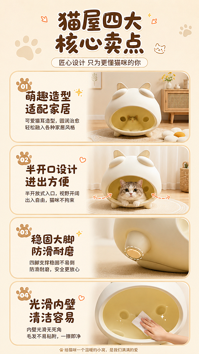 详情页第二屏，猫屋四大核心卖点展示卡片设计，温馨萌系风格，奶杏底色。四个圆角卖点卡片从上到下排列，每个卡片配图标和文字说明。卖点分别是萌趣造型 适配家居，半开口设计 进出方便，稳固大脚 防滑耐磨，光滑内壁 清洁容易。使用圆润字体，深棕色文字，卡片浅米色底配浅棕边框。整体排版干净舒适，信息清晰，拼多多风格，高信息密度。9:16竖版，2K超高清，文字清晰。