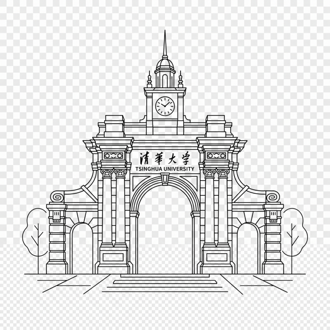 清华大学校门线稿，纯线条黑白绘制，PNG透明背景，简约干净预览效果