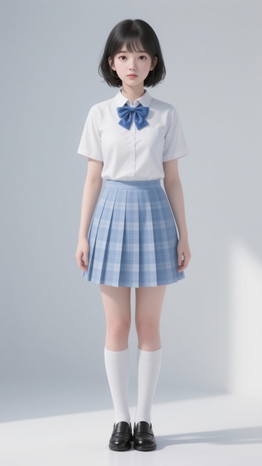 【围观女生B-全身肖像】韩系动漫风格，白色背景，高中女生，年龄16-17岁，身高162cm，身材纤细，站立姿势正面看向镜头，双手自然下垂，双脚并拢，无表情，面容温柔可人，杏眼单眼皮，小鼻子，自然唇色，预览效果