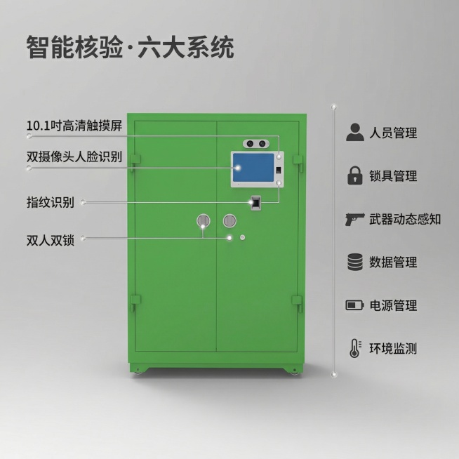 [主图 2] 核心卖点展示
[主图主题] 智能核验六大核心功能卖点
[氛围/风格] 专业科技风，清晰直观
[画面元素] 智能枪弹一体柜关闭状态产品展示，聚焦正面10.1吋高清触摸屏和锁具区域，使用极细预览效果