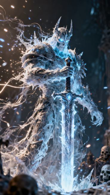 完全由诅咒和冰霜组成，没有实体的形态，动态模糊，抽象，优雅，优美，艺术，高级，通过光线的明暗变化来塑造出人物的形状，在不同的角度和光线下呈现出不同的效果，具有一种虚幻而神秘的美感，生物发光，凌乱光线，预览效果