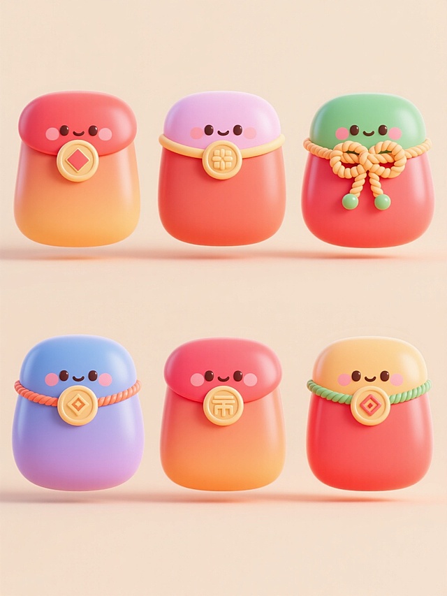 6个不同配色、不同样式的卡通3D红包元素造型，采用圆润可爱的Q版风格，表面有细腻的渐变光泽和轻微的磨砂质感，每个红包带有独特的装饰细节（如不同样式的绳结、图案或小元素），上下两行整齐对齐排列在浅色背景上，整体保持明亮欢快的氛围，光影柔和，高光清晰，边缘平滑无棱角，充满童趣和节日感。