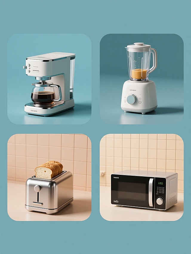 一组4个不同厨房家电产品的系列广告素材，每个产品置于独立的纯色背景上，整体色彩风格统一但每个产品背景色不同，保持高清晰度3D渲染质感，专业产品摄影级光影效果，柔和阴影，金属与塑料材质的细腻表现，每个家电产品类别不同（如咖啡机、面包机、榨汁机、微波炉），元素内容完全不同但风格一致，采用规整的网格排布，现代简约设计感，突出产品功能性与高端质感，无文字、LOGO、二维码及多余信息。