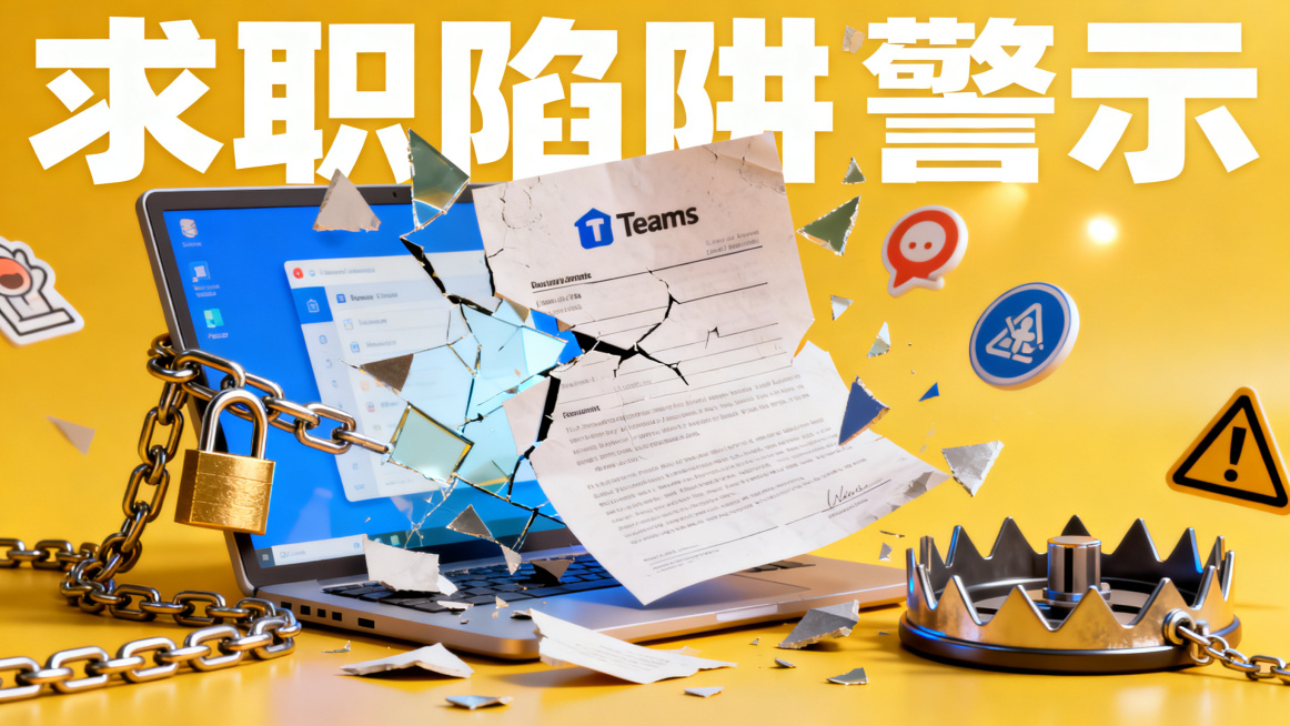 设计一张与“求职诈骗”主题相关的头部引导图。主色调可采用象征警惕的黄色与代表理性的蓝色。图中可包含“求职”、“陷阱”、“Teams软件”等关键词的视觉符号，如破碎的简历、带有锁链的电脑屏幕等，迅速营造预览效果