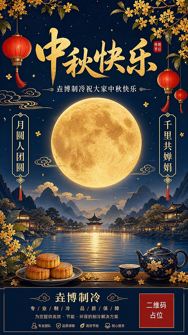 中秋节祝福海报，国风新中式工笔风格。深邃的藏蓝色夜空背景，一轮巨大的金色满月悬挂中央，月光柔和洒下。画面中点缀飘逸的金色桂花枝、红色灯笼、祥云纹样，底部有朦胧的远山剪影和水面倒影。整体色调以深蓝、暖金、朱红为主，营造温馨团圆的节日氛围。版式精美，构图居中对称，层次分明。画面中央上方是主标题大字"中秋快乐"，金色书法字体，醒目大气。主标题下方是副标题"垚博制冷祝大家中秋快乐"，白色宋体，清晰可读。画面两侧有装饰性短句"月圆人团圆""千里共婵娟"。画面底部中央是品牌名"垚博制冷"。画面中所有信息区域必须填充完整合理的内容，不得出现空白框、空白占位、横线待填写区域、空列表项、空单元格；确保是完整可用的成品海报而非待填写模板。画面中所有二维码区域使用纯色方块占位符呈现，方块中央标注"二维码占位"文字，严禁生成任何可识别的二维码图案。超高清画质，2K分辨率，细节精致，光影柔和。