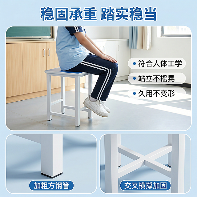 「图片1」生成一组电商主图，产品名称：四角方凳，尺寸：330*240*450mm凳面为25mm教学专用E1级环保生态板，适用场景中学校教室