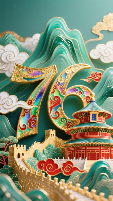 主体为立体金色“76”，内及周边融天坛、长城、中式楼阁。背景是层叠青绿山峦与带传统纹样的白祥云，色调以暖金为主，配朱红建筑细节、青绿山峦，缀红祥云纹。细节精致（飞檐斗拱、云纹卷曲），显中华底蕴与喜庆，预览效果