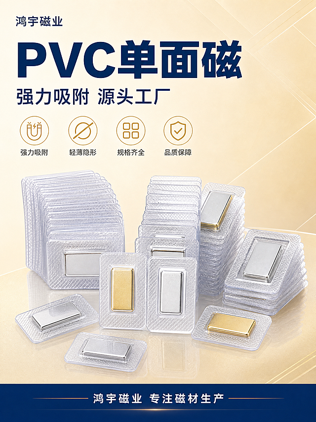 [商品] 使用【图1】【图3】【图5】PVC单面磁产品；保留透明PVC长方包胶底座（圆角菱形格纹理）、中间镶嵌长方形银色/金色磁铁的单面磁结构，保留产品的透明质感和金属光泽，保留产品形状和比例；产品精修：清理表面灰尘和划痕，增强金属磁铁反光质感，提升PVC透明度，边缘更清晰。
[画面] 页面目标：专业头图，建立源头工厂品质感，突出PVC单面磁强力吸附特点。上下构图，上半部分为标题区，下半部分为产品展示区。画面中央偏下位置陈列多枚PVC单面磁产品，有平铺的、有堆叠的，金银两色都有展示，形成丰富的产品阵列，产品占画面约55%。背景为米金色渐变，带有淡淡的几何线条装饰。左上角用文字写"鸿宇磁业"，不加任何图形logo。底部有一条深蓝色信息条。
[视觉] 套系策略：风格=蓝金工业品质风，源头工厂专业感；标题字=现代粗黑体，厚重有力；正文字=简洁无衬线体；主色=深蓝色+米金色；背景延展=米金色到浅米色渐变，带细腻纹理质感；强调色=浅金色，用于图标、引线、标签；标题色=深蓝色；正文色=深灰色；组件=圆角信息卡、细线引线、浅金色图标；光影=柔和顶光，金属磁铁有细腻高光，PVC通透有质感。
[文字] 上部左侧主标题深蓝色大字写"PVC单面磁"，副标题写"强力吸附 源头工厂"，下方4个浅金色小图标配短文案：强力吸附、轻薄隐形、规格齐全、品质保障。底部深蓝色信息条白字写"鸿宇磁业 专注磁材生产"。文字横排，层级清晰，不遮挡产品主体。
[规格] 图片比例3:4竖版，2K分辨率，避免变形、错字、文字过小、产品结构失真、颜色偏差、悬浮感、水印、平台Logo。