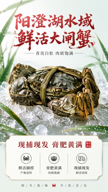 [第4屏] 鲜活大闸蟹产品展示页，展示肥美鲜活的澄鲜香大闸蟹。
[氛围/风格] 生鲜食欲感，鲜活原生态，实景水产摄影质感，青壳白肚金爪黄毛的鲜活特征突出。
[元素布局] 主体活蟹占屏比约65%，放置在预览效果