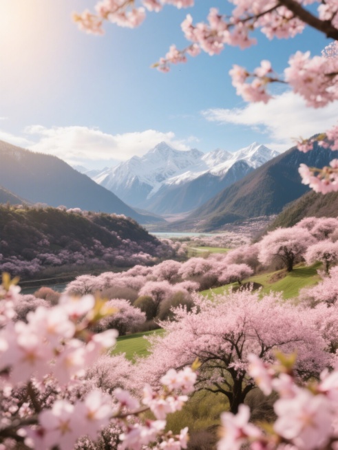 林芝桃花沟春景，漫山遍野粉色桃花盛开，远处雪山巍峨，蓝天白云，梦幻色调，专业旅行摄影，金色暖阳光线，上方适当留白，色彩饱和明亮，光线通透，适合社交媒体封面，吸引点击，超高清画质，8K细节预览效果