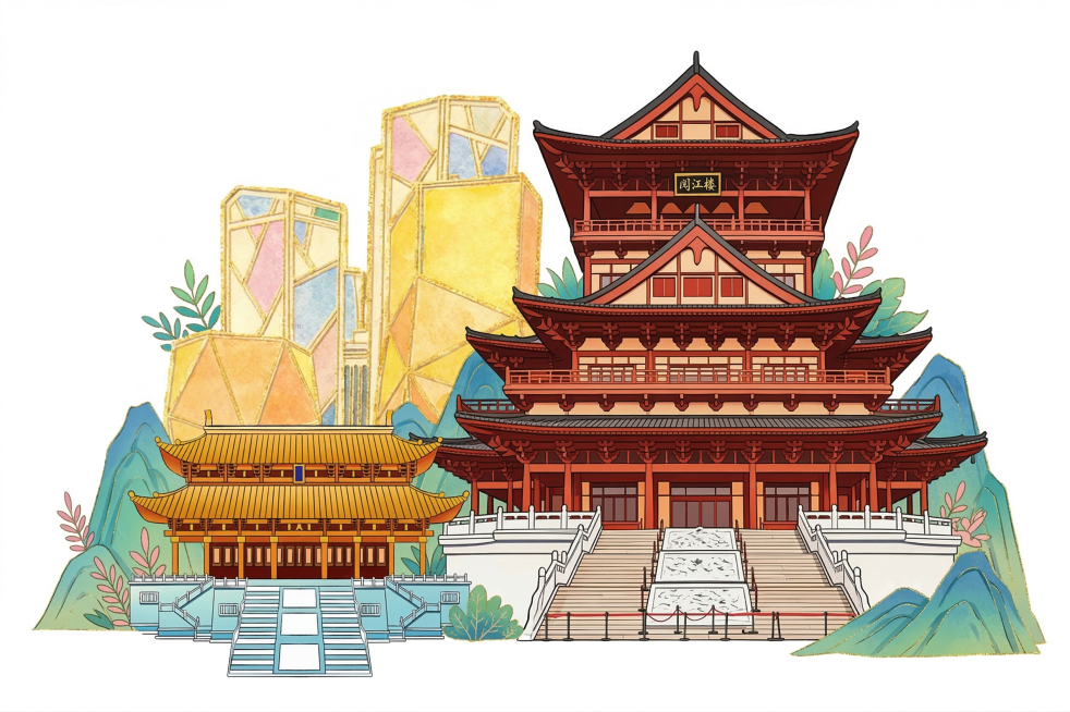 将三张图里的建筑融合在一起，整体为清晰明亮的贴纸风格，干净白底，点缀添加自然植物和山峦，保留每个建筑原本的造型和色彩特征，融合自然协调预览效果