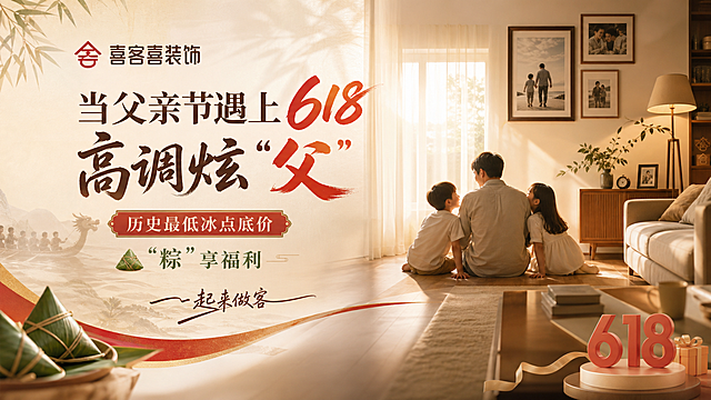 父亲节遇上618装饰公司活动横幅海报，画面温馨有爱有回忆感，内容简洁明了，弱营销感，整体有力度，包含文字"喜客喜装饰"，"当父亲节遇上618，历史最低冰点底价，高调炫“父”，“粽”享福利，一起来做客"，整体16:9宽屏构图