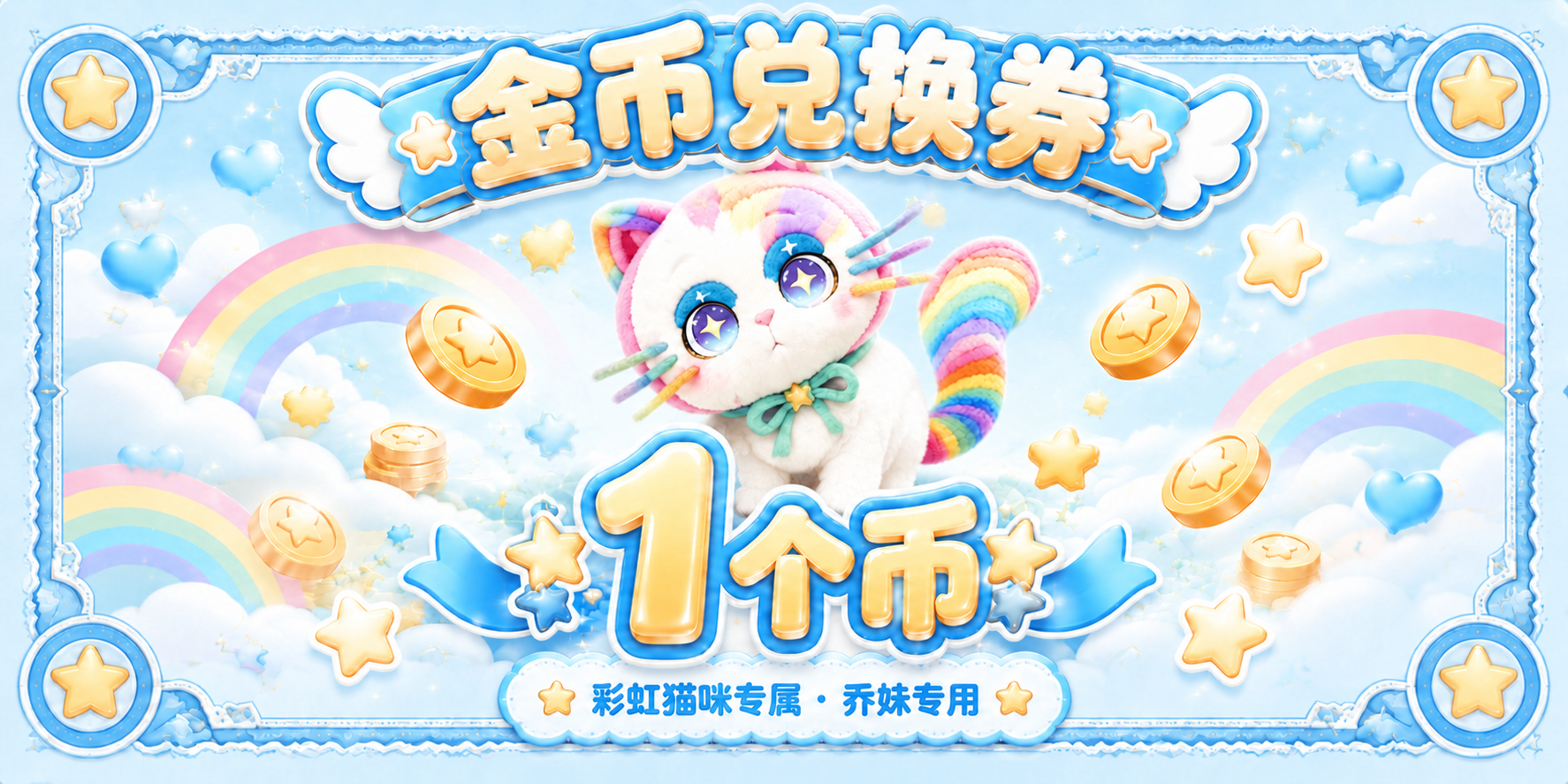 将这张1个币金币兑换券整体改为蓝色系主题。背景改为清新的天蓝色… - 图片创意预览
